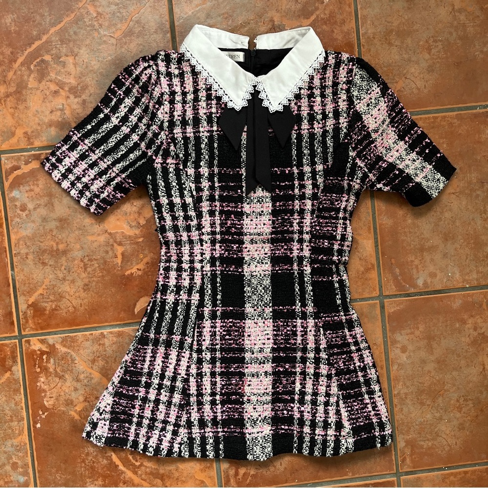 Pink & Black Tweed Short Sleeve Top